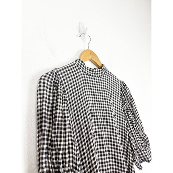 Ganni Gingham Mini Dress Size 36 Black White Crepe Puff Sleeve Lightweight - Picture 6 of 14